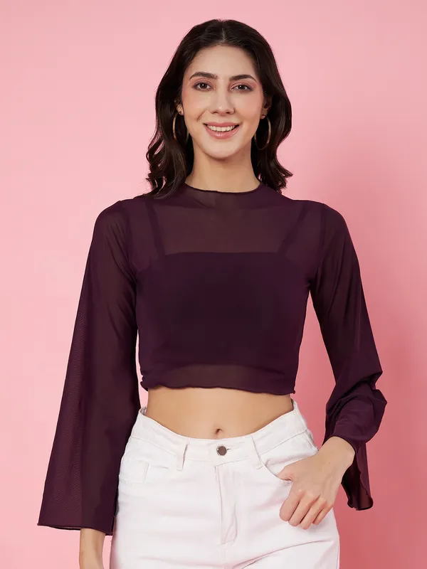 Solid_Wine_Round_Neck_Flared_Sleeves_Net_Fitted_Crop_Top