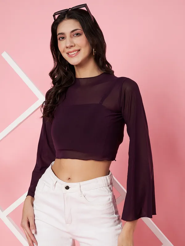 Solid_Wine_Round_Neck_Flared_Sleeves_Net_Fitted_Crop_Top