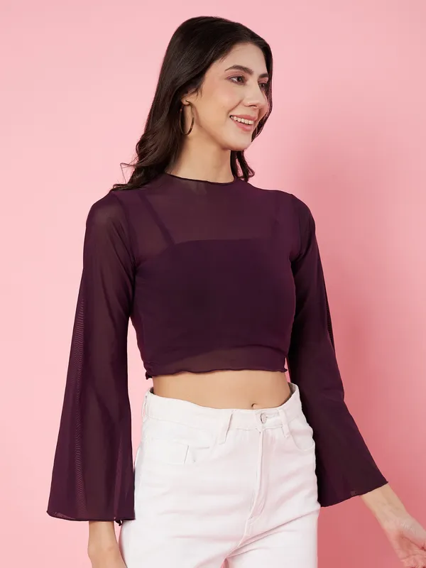 Solid_Wine_Round_Neck_Flared_Sleeves_Net_Fitted_Crop_Top