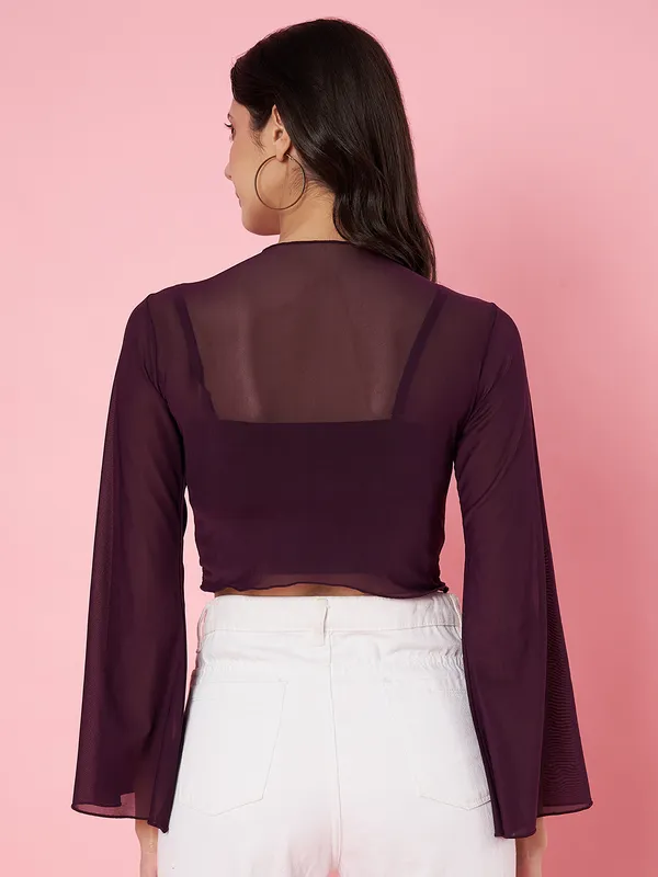 Solid_Wine_Round_Neck_Flared_Sleeves_Net_Fitted_Crop_Top