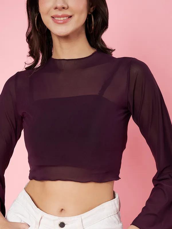 Solid_Wine_Round_Neck_Flared_Sleeves_Net_Fitted_Crop_Top
