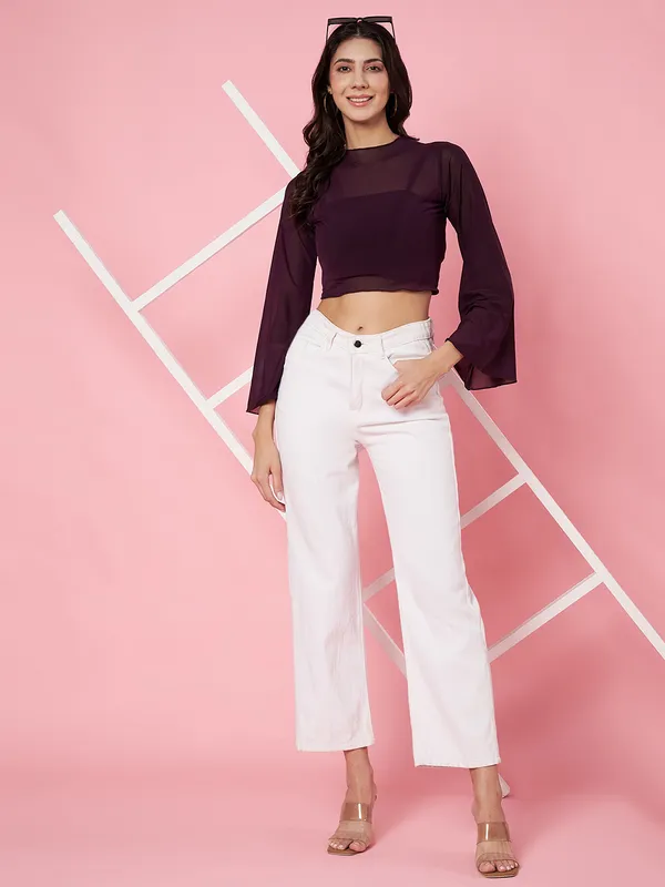 Solid_Wine_Round_Neck_Flared_Sleeves_Net_Fitted_Crop_Top