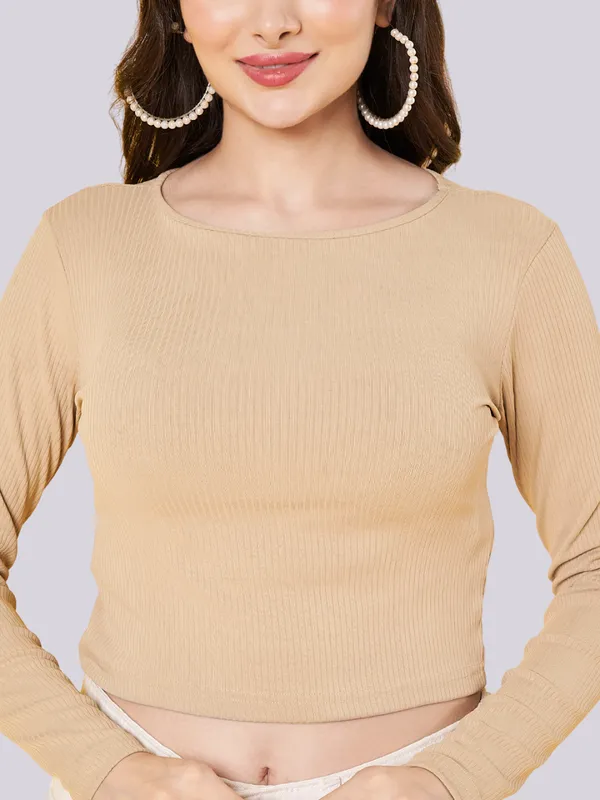 Women's_Stylish_Solid_Beige_Round_Neck_Long_Sleeve_Casual_Ribbed_Crop_Top_||_Women_Boat_Neck_Full_Sleeve_Fitted_Crop_Top