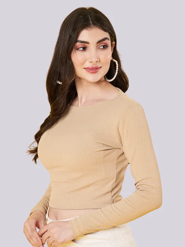 Women's_Stylish_Solid_Beige_Round_Neck_Long_Sleeve_Casual_Ribbed_Crop_Top_||_Women_Boat_Neck_Full_Sleeve_Fitted_Crop_Top