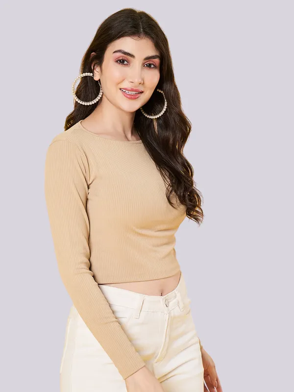 Women's_Stylish_Solid_Beige_Round_Neck_Long_Sleeve_Casual_Ribbed_Crop_Top_||_Women_Boat_Neck_Full_Sleeve_Fitted_Crop_Top
