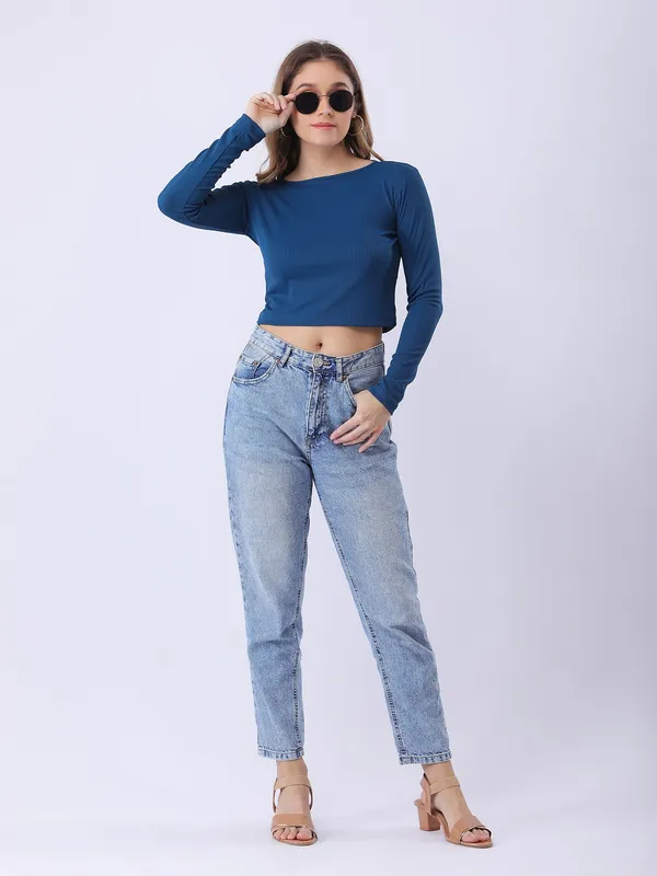 Women_Solid_Teal_Boat_Neck_Long_Sleeve_Ribbed_Crop_Top