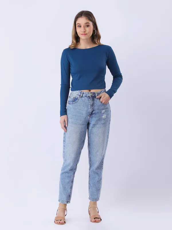 Women_Solid_Teal_Boat_Neck_Long_Sleeve_Ribbed_Crop_Top