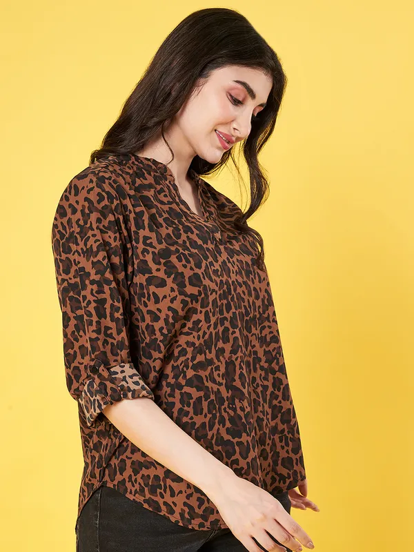 Women_Animal_Printed_Brown_Mandarin_Neck_3/4th_Roll_up_Sleeve_Crepe_Casual_Regular_Top
