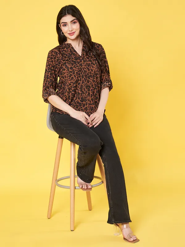Women_Animal_Printed_Brown_Mandarin_Neck_3/4th_Roll_up_Sleeve_Crepe_Casual_Regular_Top