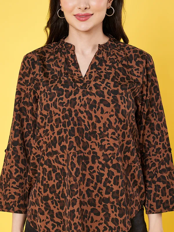 Women_Animal_Printed_Brown_Mandarin_Neck_3/4th_Roll_up_Sleeve_Crepe_Casual_Regular_Top