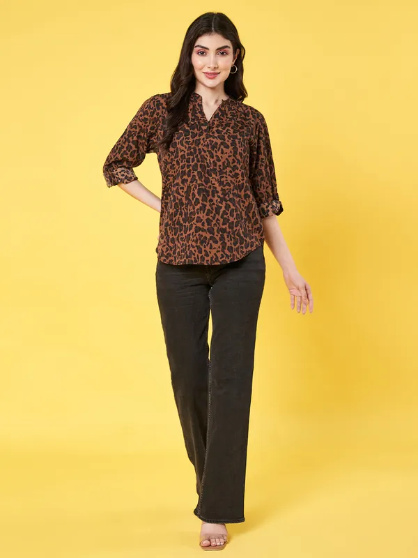 Women_Animal_Printed_Brown_Mandarin_Neck_3/4th_Roll_up_Sleeve_Crepe_Casual_Regular_Top