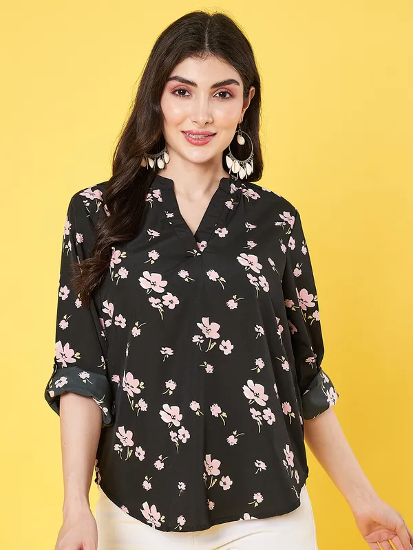 Women_Floral_Printed_Black_Mandarin_Neck_3/4th_Roll_up_Sleeve_Crepe_Casual_Regular_Top