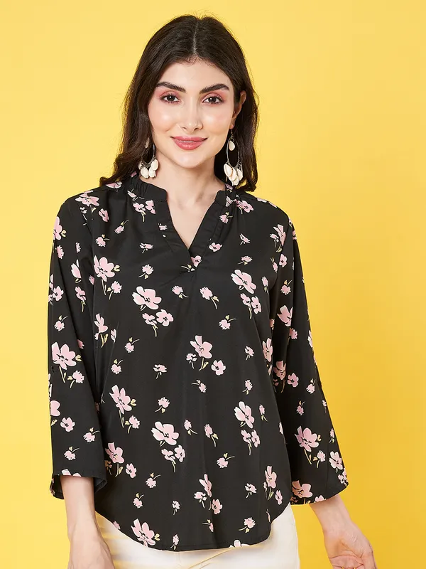 Women_Floral_Printed_Black_Mandarin_Neck_3/4th_Roll_up_Sleeve_Crepe_Casual_Regular_Top