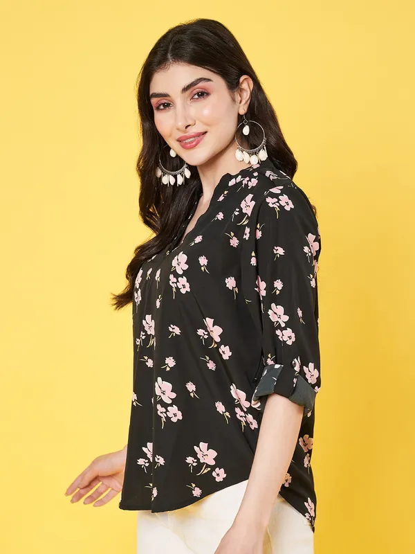 Women_Floral_Printed_Black_Mandarin_Neck_3/4th_Roll_up_Sleeve_Crepe_Casual_Regular_Top