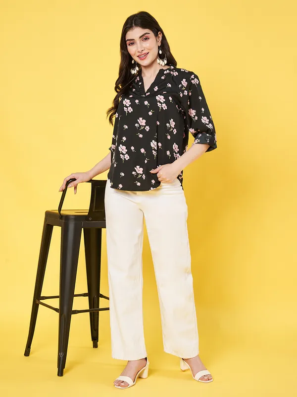 Women_Floral_Printed_Black_Mandarin_Neck_3/4th_Roll_up_Sleeve_Crepe_Casual_Regular_Top