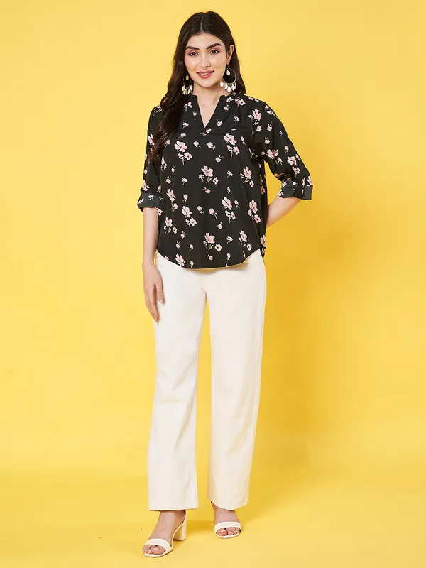 Women_Floral_Printed_Black_Mandarin_Neck_3/4th_Roll_up_Sleeve_Crepe_Casual_Regular_Top