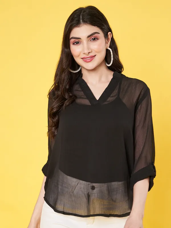 Women_Solid_Black_Mandarin_Neck_3/4th_Roll_up_Sleeve_Chiffon_Casual_Regular_Top