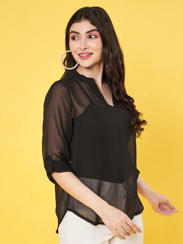 Women_Solid_Black_Mandarin_Neck_3/4th_Roll_up_Sleeve_Chiffon_Casual_Regular_Top