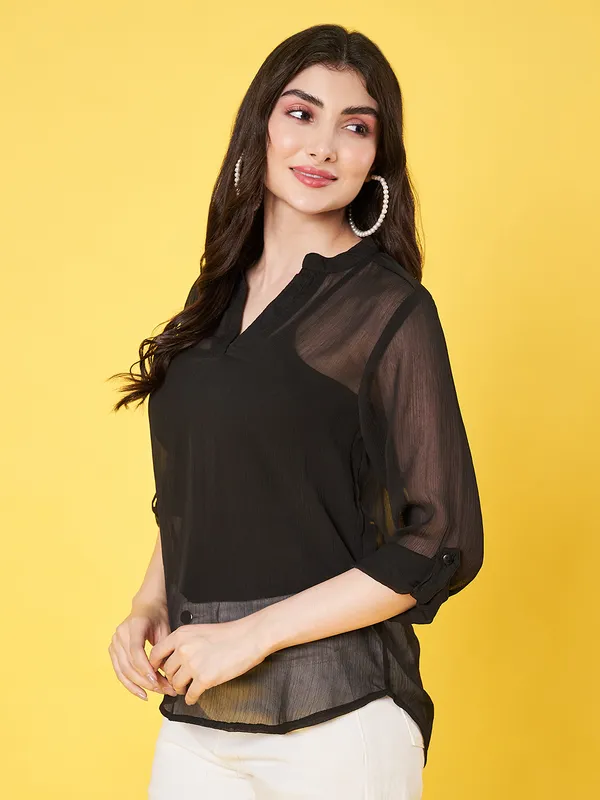 Women_Solid_Black_Mandarin_Neck_3/4th_Roll_up_Sleeve_Chiffon_Casual_Regular_Top