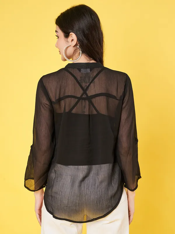 Women_Solid_Black_Mandarin_Neck_3/4th_Roll_up_Sleeve_Chiffon_Casual_Regular_Top