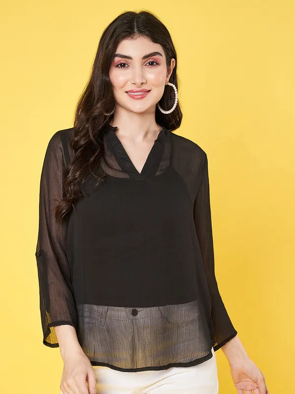 Women_Solid_Black_Mandarin_Neck_3/4th_Roll_up_Sleeve_Chiffon_Casual_Regular_Top