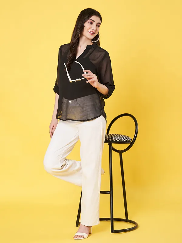 Women_Solid_Black_Mandarin_Neck_3/4th_Roll_up_Sleeve_Chiffon_Casual_Regular_Top