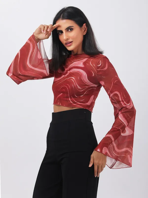 Women_Abstract_Printed_Rust_Round_Neck_Flared_Sleeves_Net_Fitted_Crop_Top