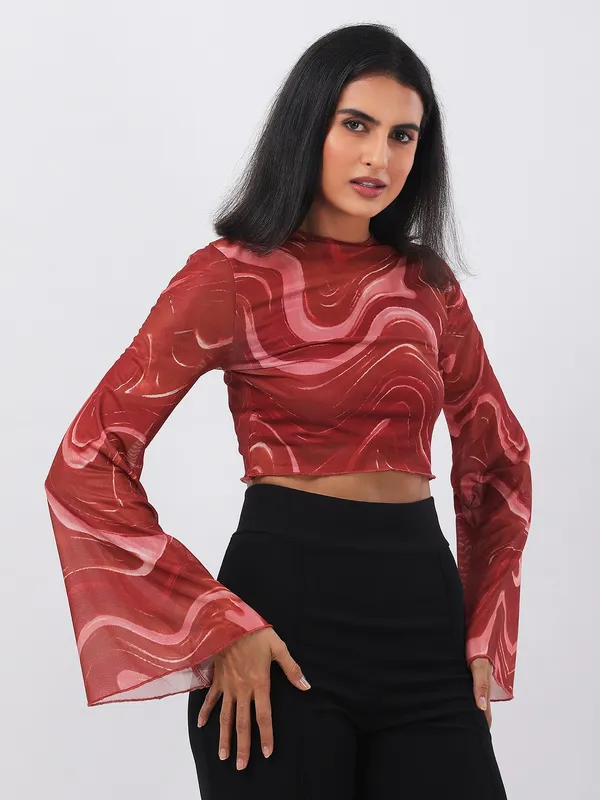 Women_Abstract_Printed_Rust_Round_Neck_Flared_Sleeves_Net_Fitted_Crop_Top