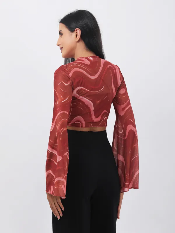 Women_Abstract_Printed_Rust_Round_Neck_Flared_Sleeves_Net_Fitted_Crop_Top