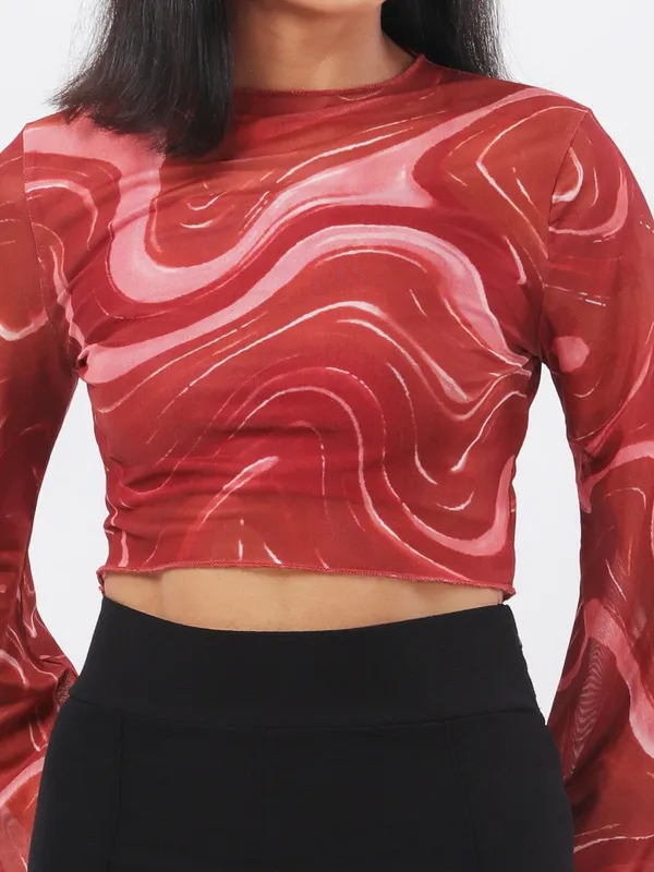 Women_Abstract_Printed_Rust_Round_Neck_Flared_Sleeves_Net_Fitted_Crop_Top