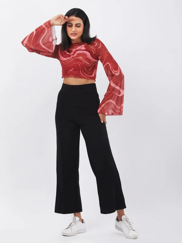 Women_Abstract_Printed_Rust_Round_Neck_Flared_Sleeves_Net_Fitted_Crop_Top