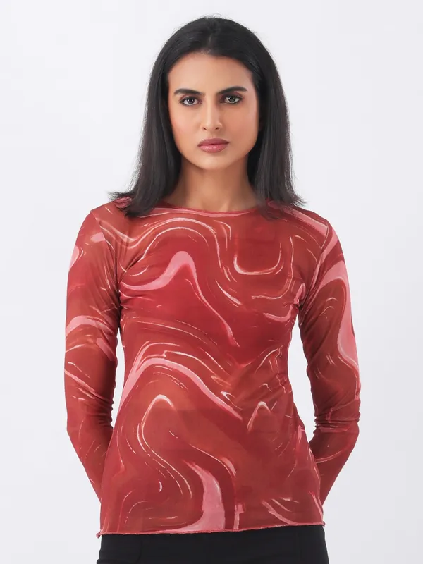 Abstract_Printed_Rust_Round_Neck_Long_Sleeve_Casual_Lycra_Net_Regular_Top