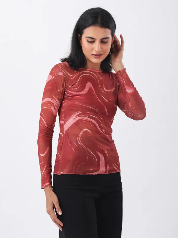 Abstract_Printed_Rust_Round_Neck_Long_Sleeve_Casual_Lycra_Net_Regular_Top