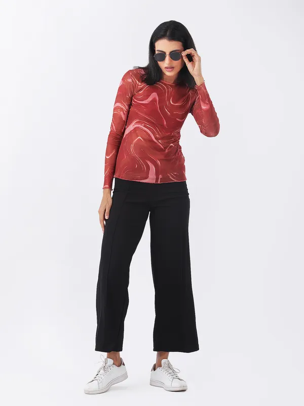Abstract_Printed_Rust_Round_Neck_Long_Sleeve_Casual_Lycra_Net_Regular_Top