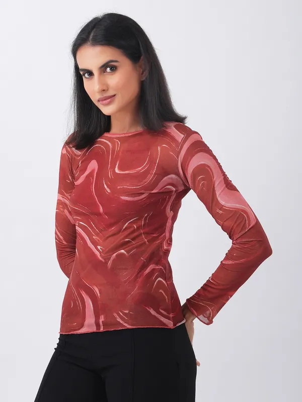 Abstract_Printed_Rust_Round_Neck_Long_Sleeve_Casual_Lycra_Net_Regular_Top