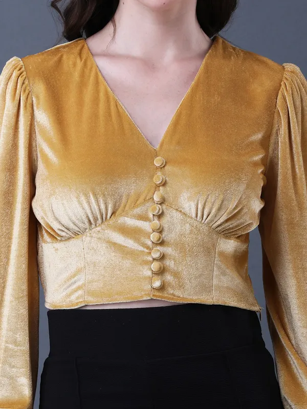 Solid_Yellow_Velvet_V_Neck_Long_Sleeve_Crop_Top
