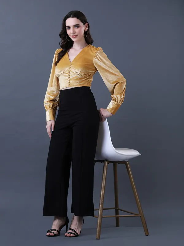 Solid_Yellow_Velvet_V_Neck_Long_Sleeve_Crop_Top