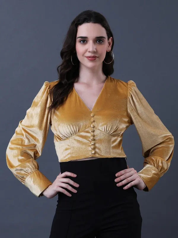 Solid_Yellow_Velvet_V_Neck_Long_Sleeve_Crop_Top