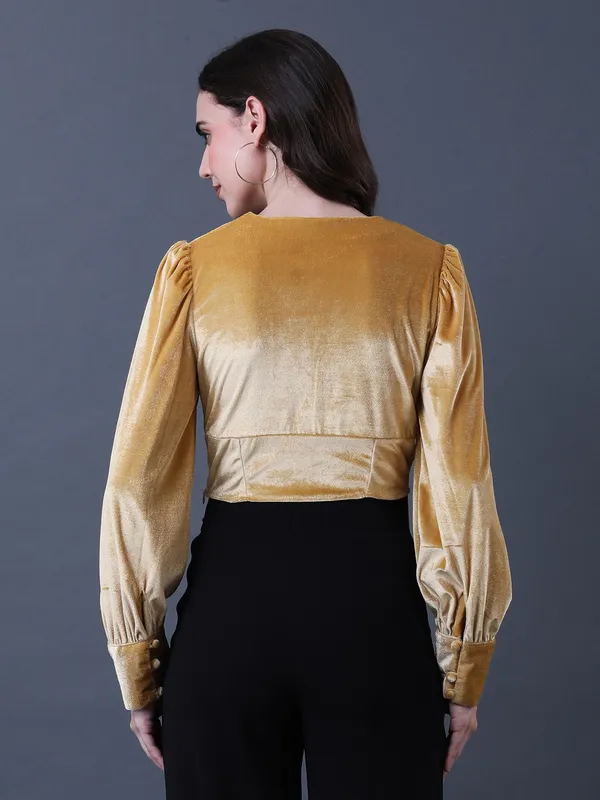 Solid_Yellow_Velvet_V_Neck_Long_Sleeve_Crop_Top