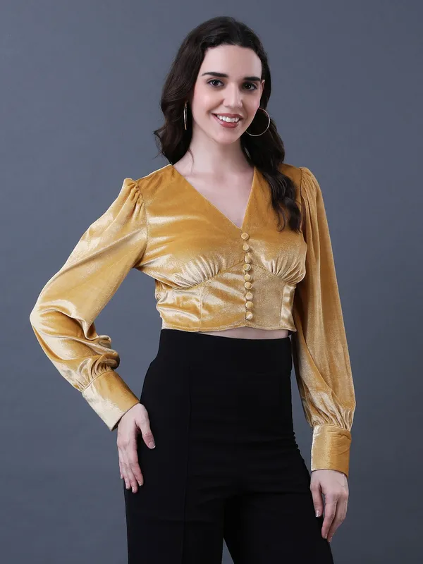 Solid_Yellow_Velvet_V_Neck_Long_Sleeve_Crop_Top