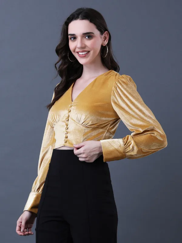 Solid_Yellow_Velvet_V_Neck_Long_Sleeve_Crop_Top