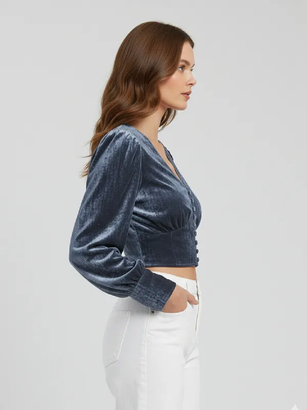 Grey_Velvet_V_Neck_Long_Sleeve_Wrap_Crop_Top