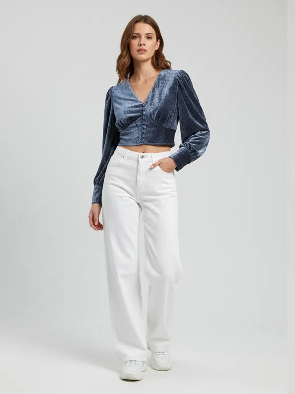 Grey_Velvet_V_Neck_Long_Sleeve_Wrap_Crop_Top