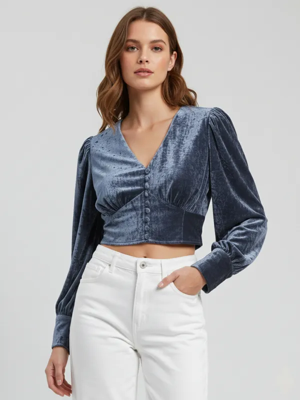 Grey_Velvet_V_Neck_Long_Sleeve_Wrap_Crop_Top