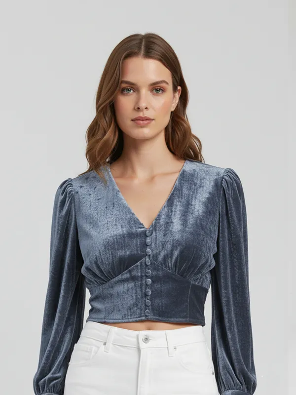 Grey_Velvet_V_Neck_Long_Sleeve_Wrap_Crop_Top