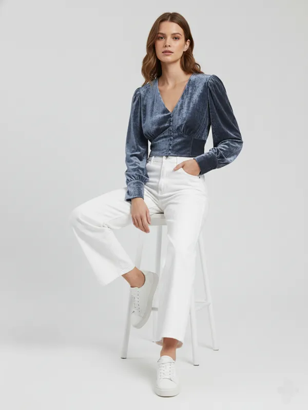 Grey_Velvet_V_Neck_Long_Sleeve_Wrap_Crop_Top