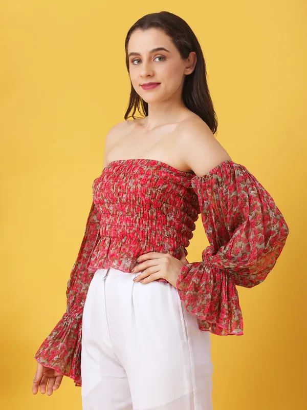 Women_Floral_Printed_Pink_Chiffon_Off_Shoulder_Bell_Sleeve_Crop_Bardot_Top