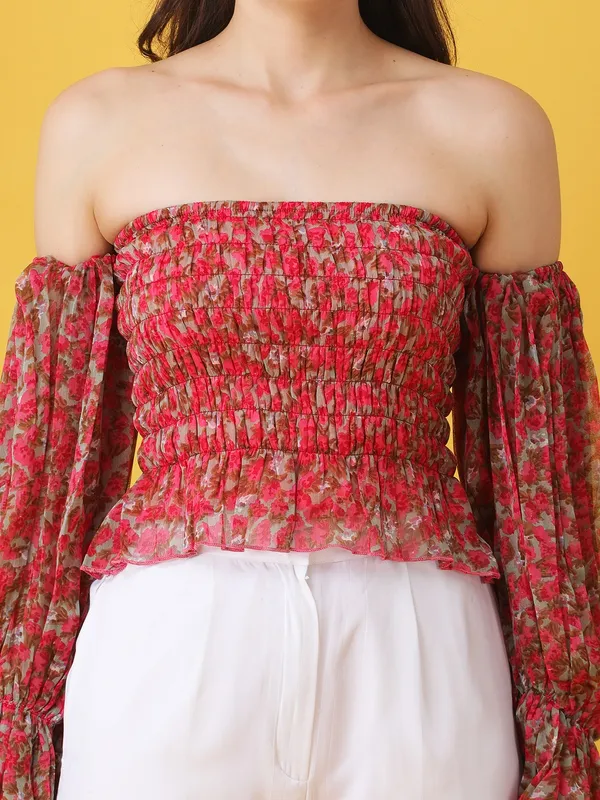 Women_Floral_Printed_Pink_Chiffon_Off_Shoulder_Bell_Sleeve_Crop_Bardot_Top