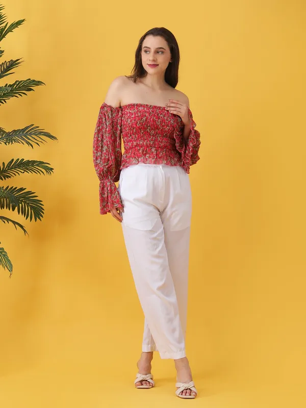 Women_Floral_Printed_Pink_Chiffon_Off_Shoulder_Bell_Sleeve_Crop_Bardot_Top