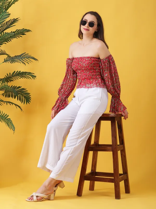 Women_Floral_Printed_Pink_Chiffon_Off_Shoulder_Bell_Sleeve_Crop_Bardot_Top